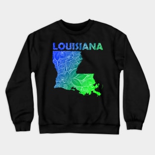 Colorful mandala art map of Louisiana with text in blue and green Crewneck Sweatshirt